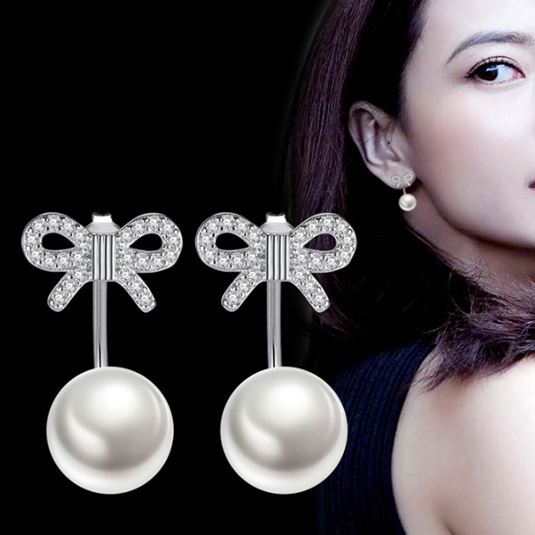 韓國JK 新款鋯石蝴蝶結珍珠一款兩戴鍍銀耳釘韓版耳飾品女生耳釘 J0853