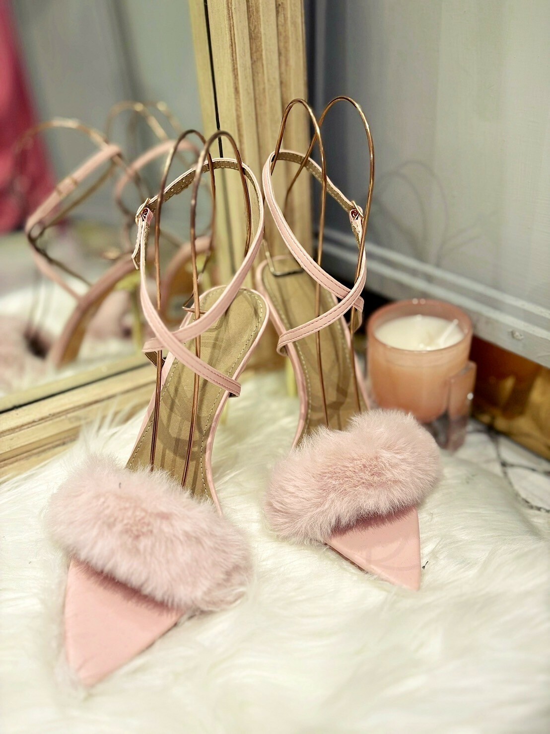 Blush腮紅粉色交叉綁踝毛毛高跟鞋