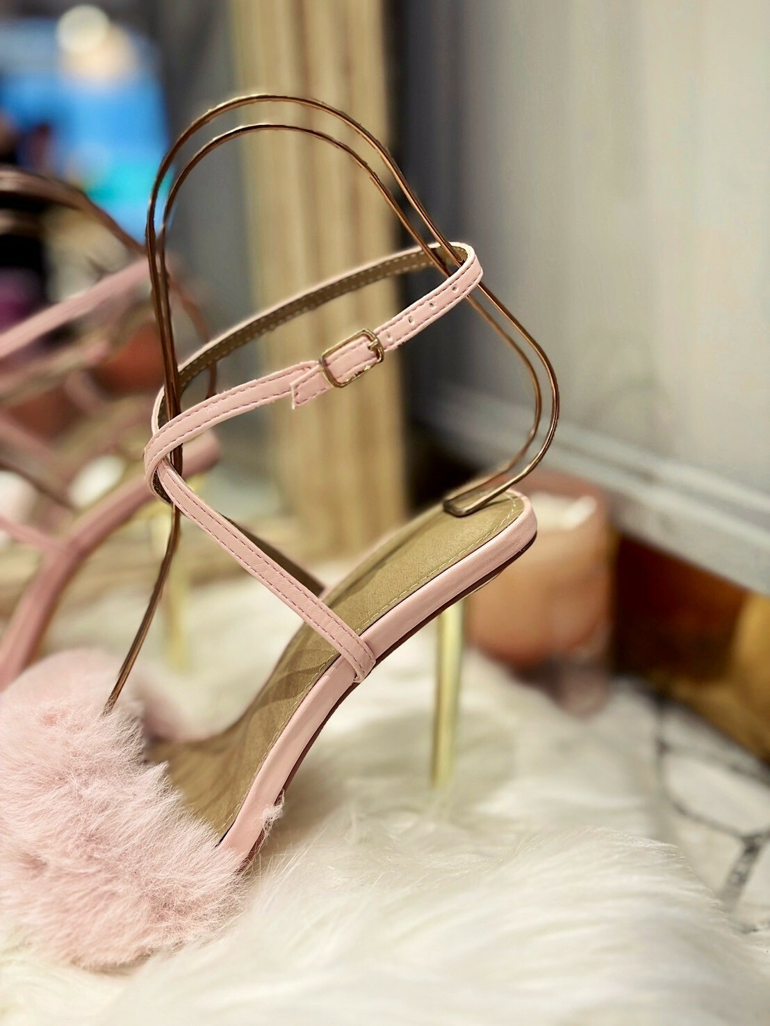 Blush腮紅粉色交叉綁踝毛毛高跟鞋