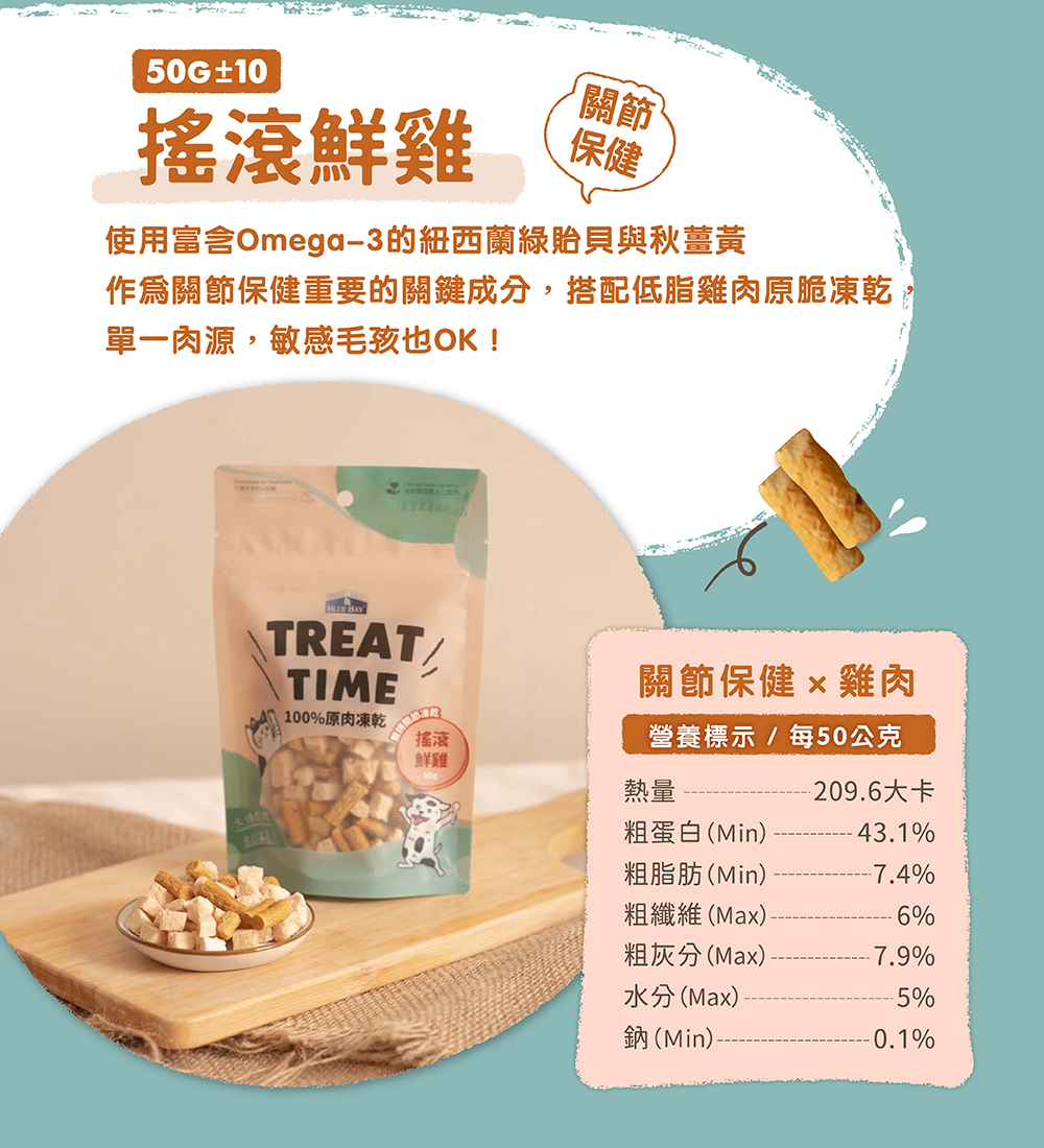 搖滾鮮雞，關節保健，秋薑黃、綠貽貝添加，單一肉源，敏感毛孩也可以