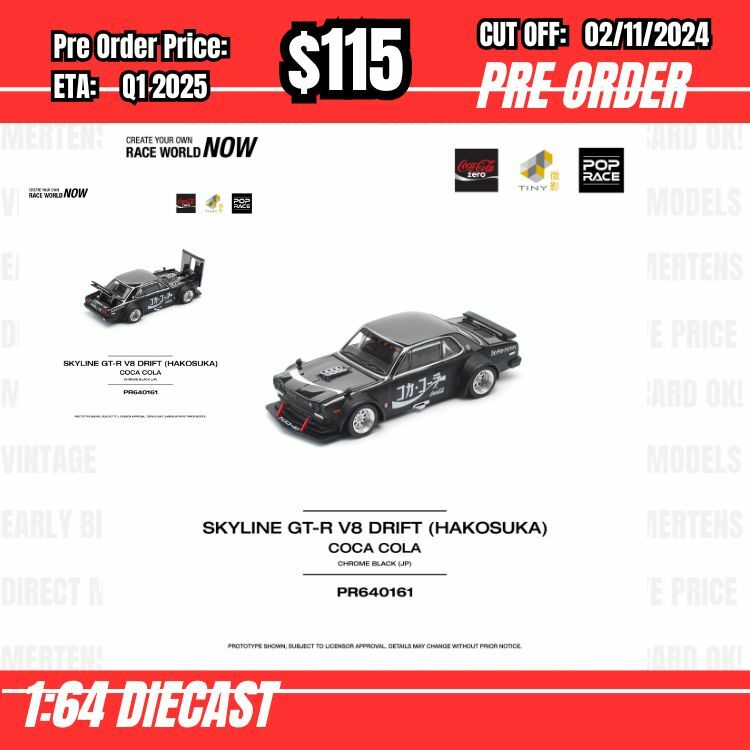 PO-$115 * Pop Race * 1:64 SKYLINE GT-R DRIFT (HAKOSUKA) - COCA COLA ZERO JP BLACK CHROME [OD22/10]