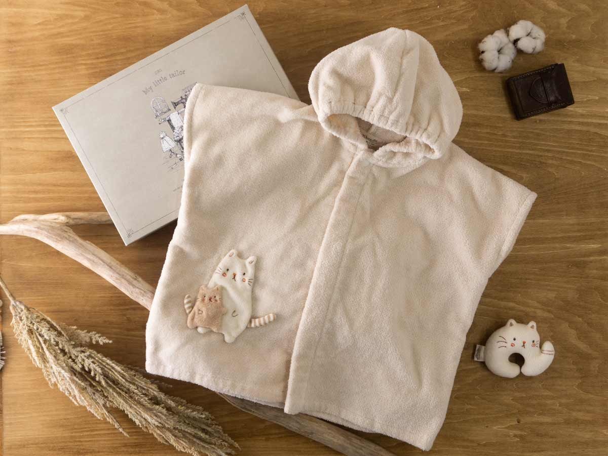 My Little Tailor - 有機棉日本BB披風浴袍＋猫仔搖鈴禮品套裝・自然色系 (2件入)
