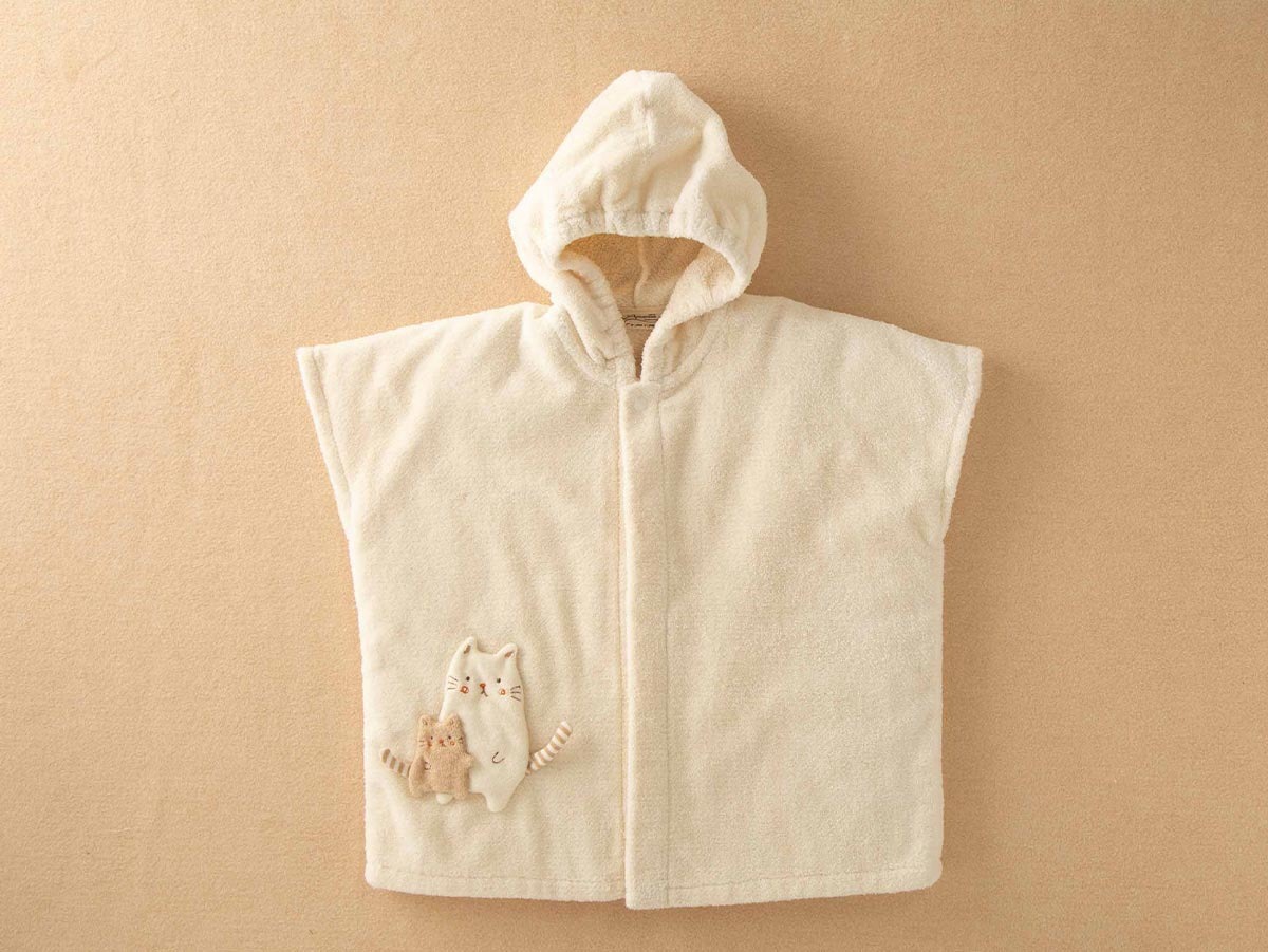 My Little Tailor - 有機棉日本BB披風浴袍＋猫仔搖鈴禮品套裝・自然色系 (2件入)