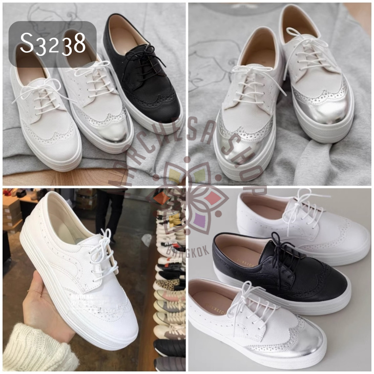 S3238 - 全真皮羊皮雕花圓頭厚底休閒鞋