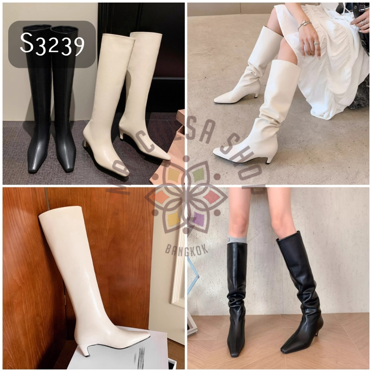 S3239 - 全真皮羊皮直筒摺筒兩著方尖頭高踭長靴