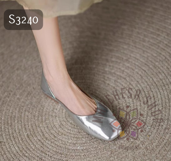 S3240 - 真皮羊皮純色拼接方頭平底鞋