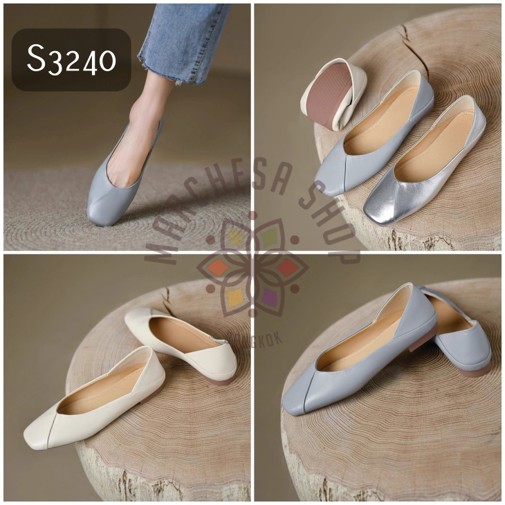 S3240 - 真皮羊皮純色拼接方頭平底鞋