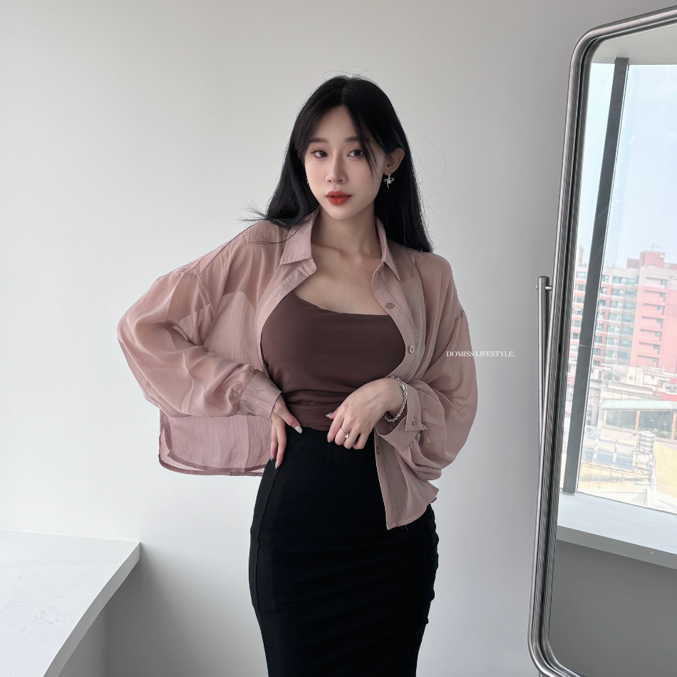 自訂-質感澎袖透膚長袖襯衫-3色 薄外套 罩衫(現貨)