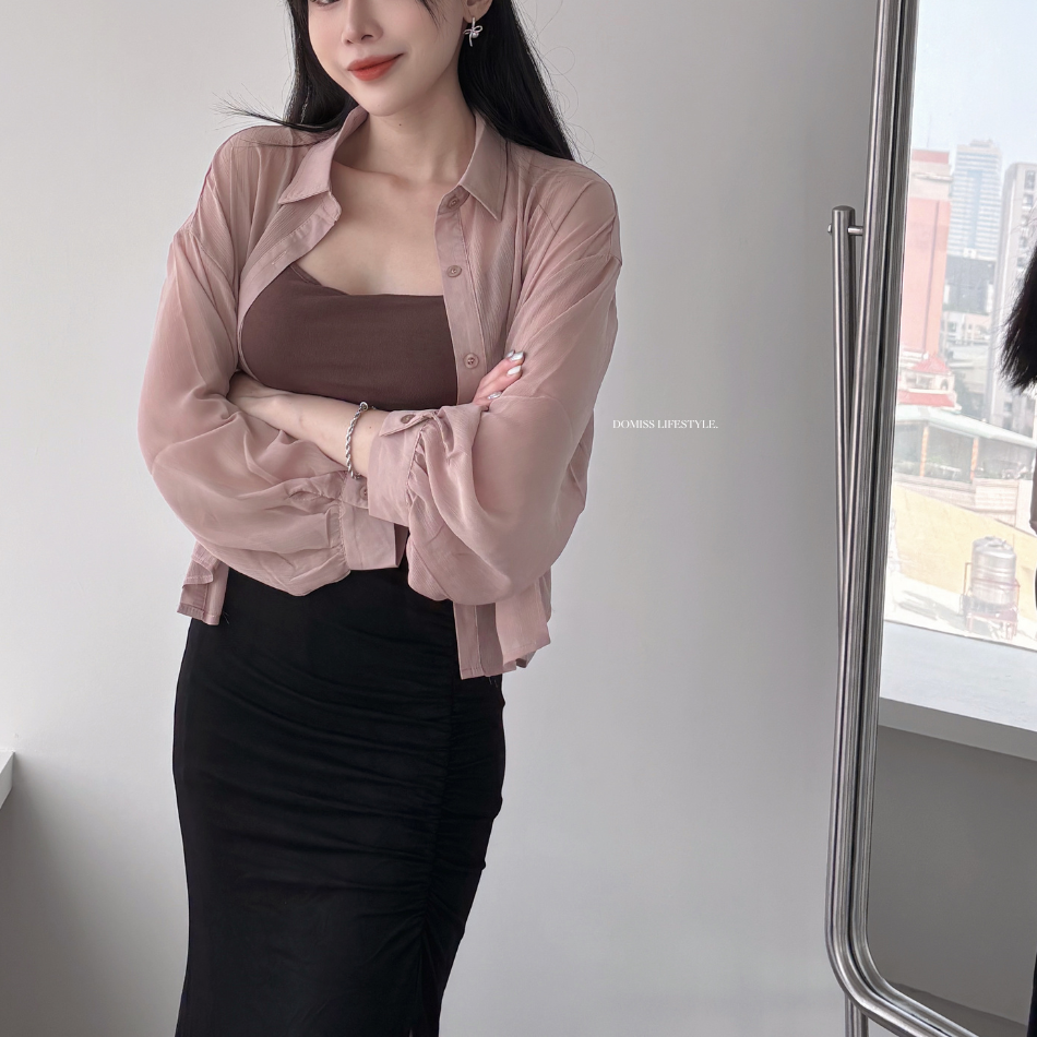 自訂-質感澎袖透膚長袖襯衫-3色 薄外套 罩衫(現貨)