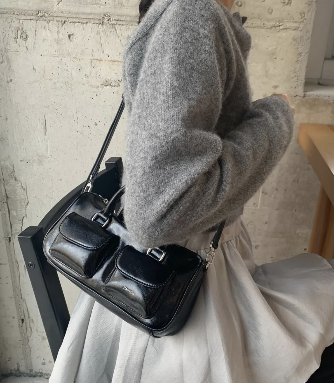 韓國連線🇰🇷Stand oil chubby Half bag 保齡球包 側肩包 復古 皮革/預購