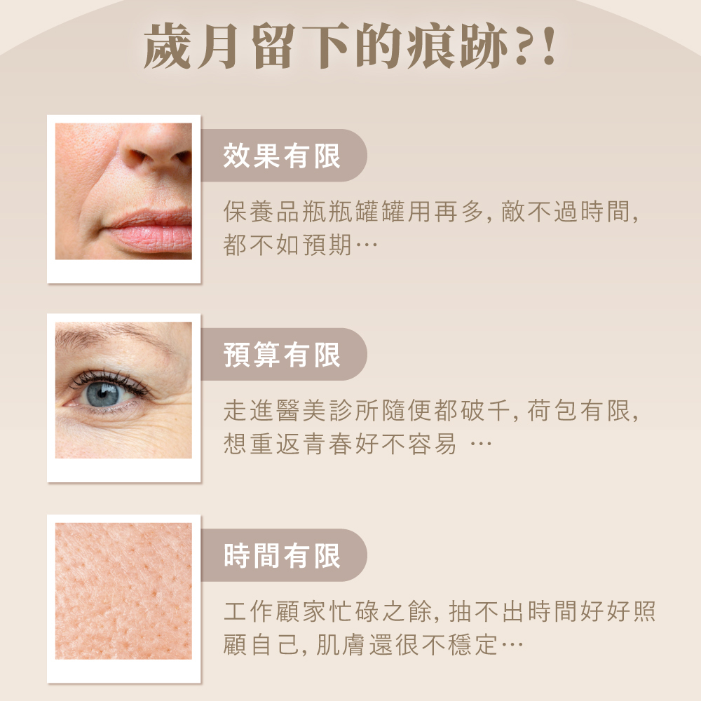 保養品用再多也趕不上時間的變化，醫美又很貴，工作忙碌沒時間保養肌膚""