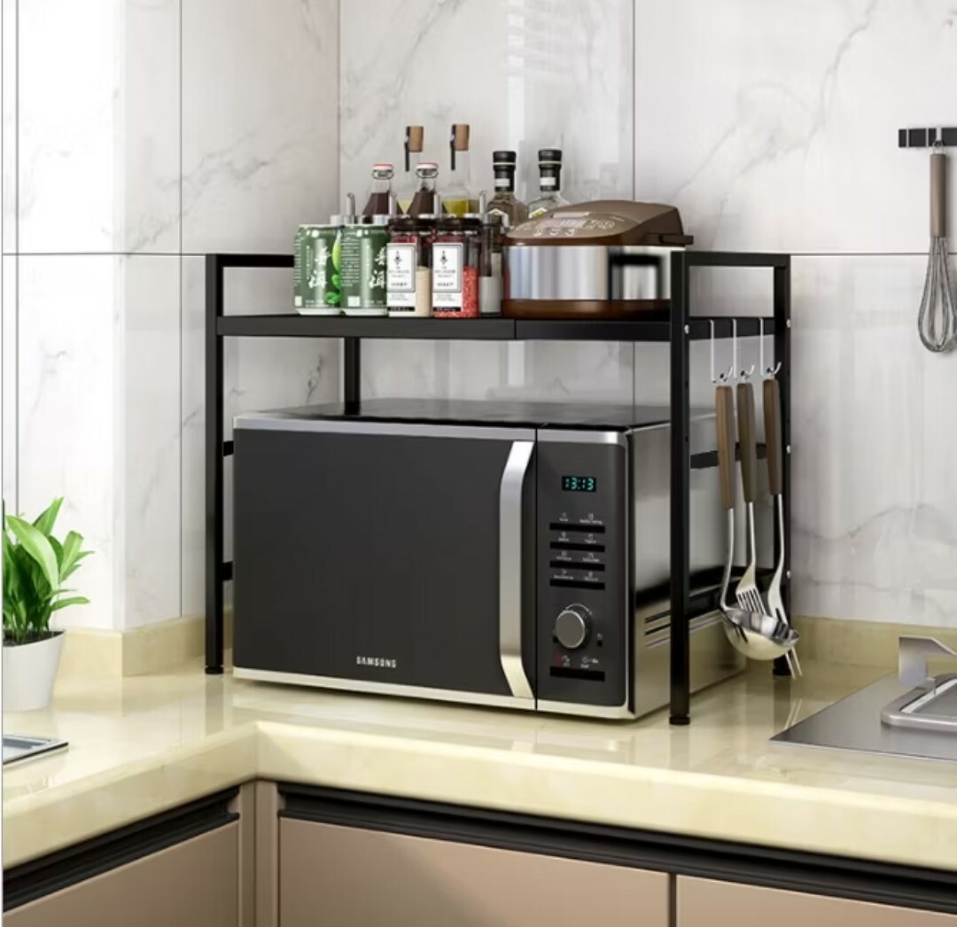 伸縮式碳鋼廚房置物架(附贈掛勾)