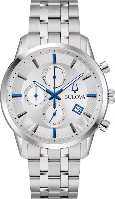 萬年鐘錶 - BULOVA 寶路華 Sutton 系列   白色面盤三眼計時不鏽鋼錶帶男錶 96B404 錶徑 41MM