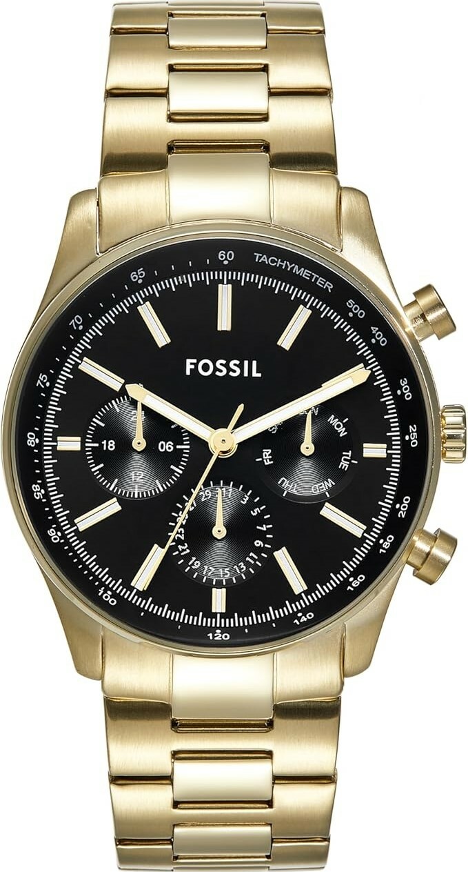 萬年鐘錶 - Fossil  黑面盤金色款三眼計時不鏽岡錶帶男錶  BQ2855  錶徑44MM