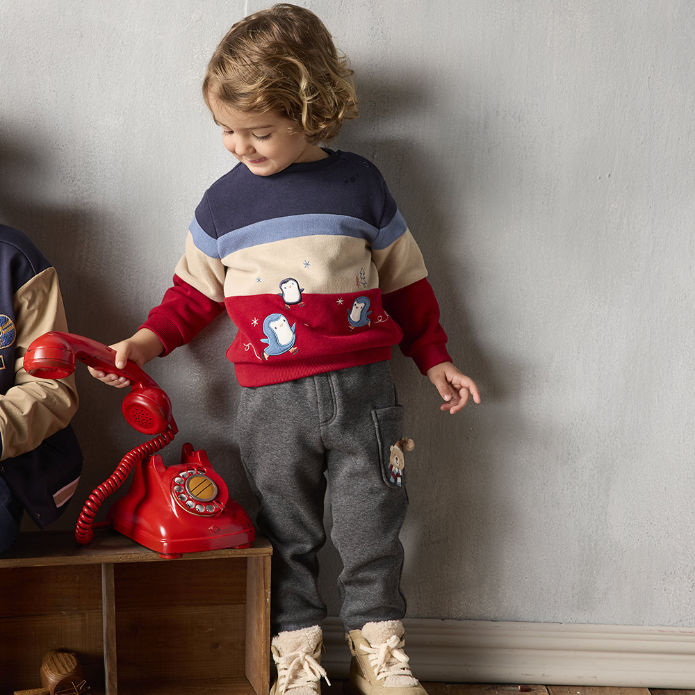 PIPPY 快樂小企鵝條紋圓領長袖上衣 紅