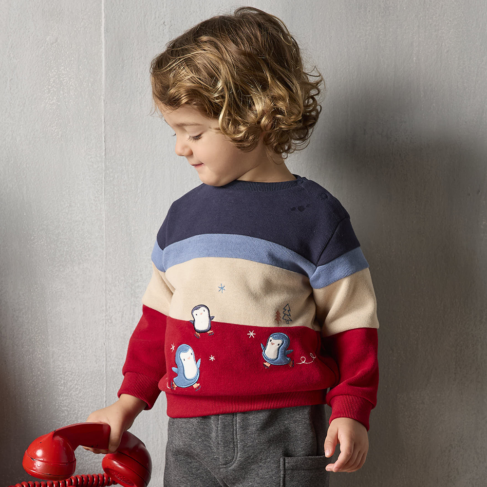 PIPPY 快樂小企鵝條紋圓領長袖上衣 紅