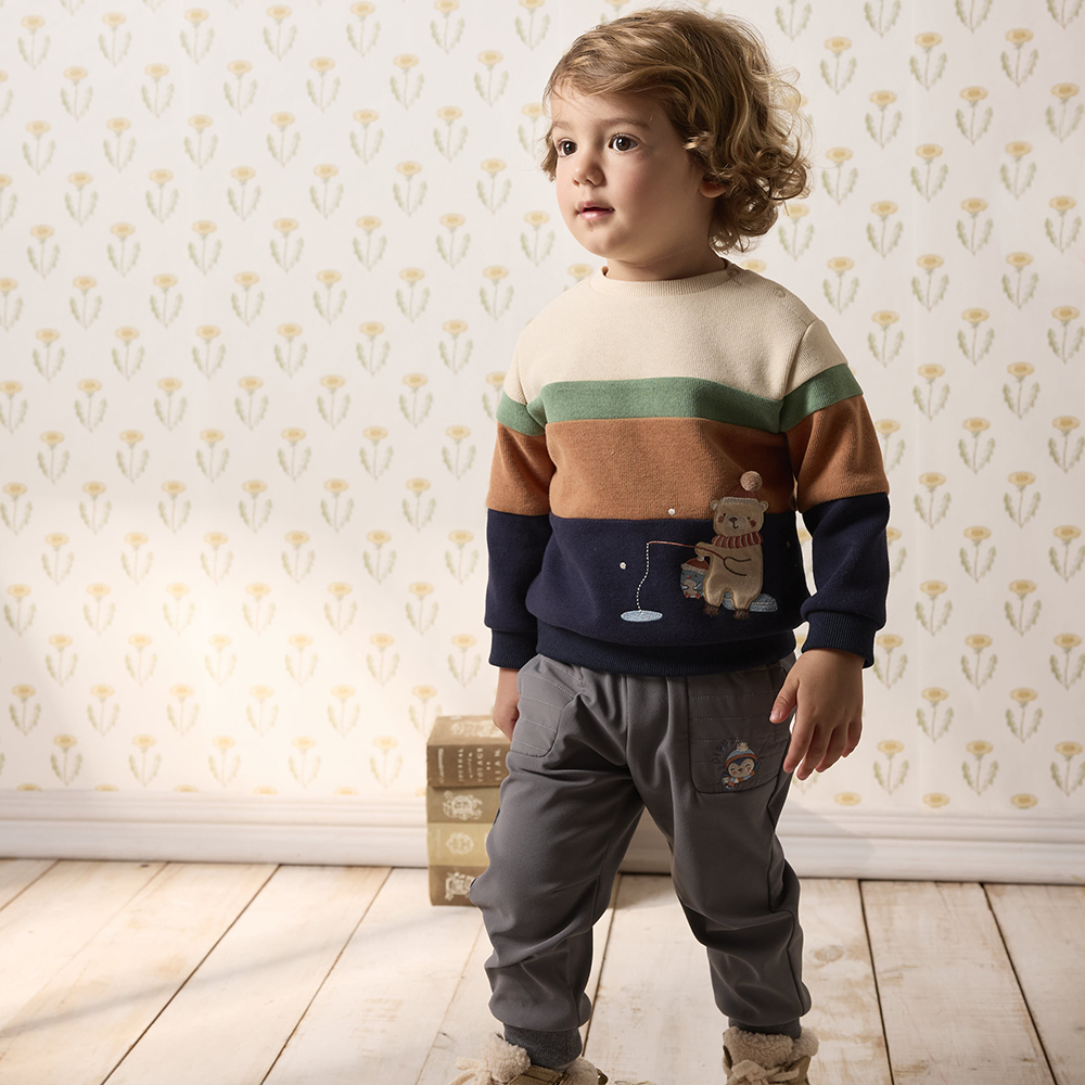 PIPPY  快樂小熊條紋圓領長袖上衣 綠