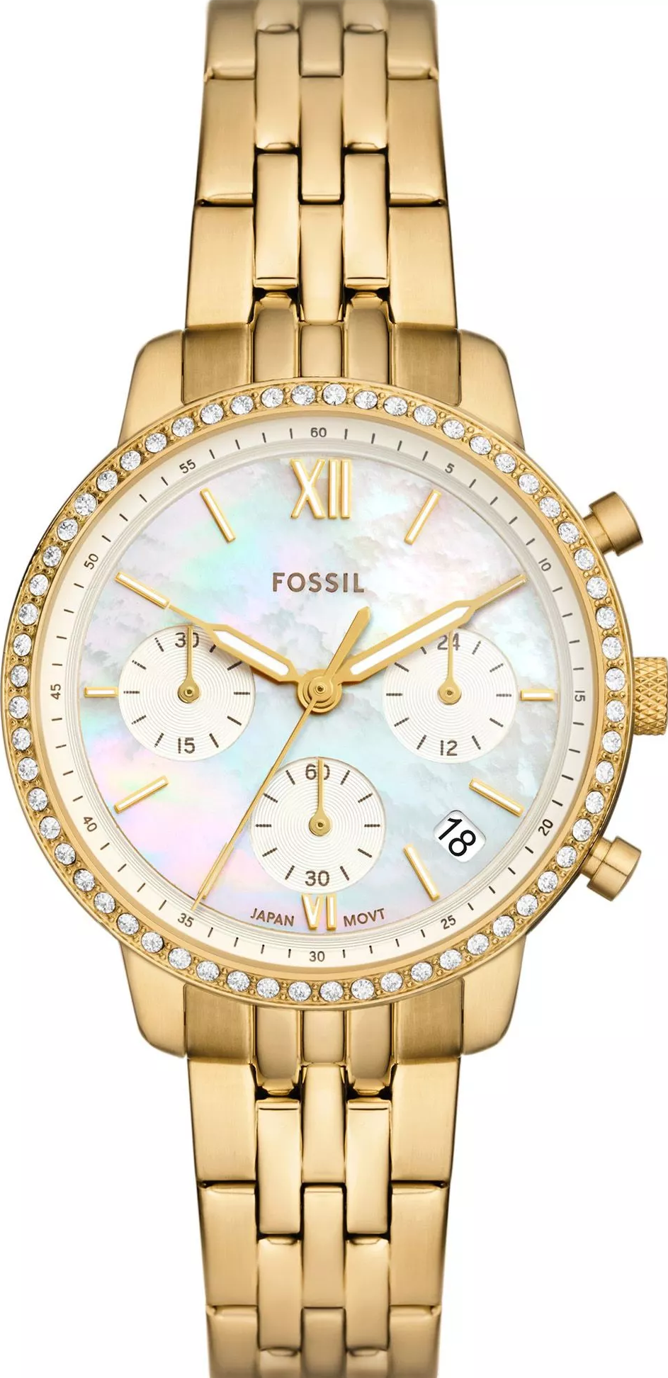 萬年鐘錶 - Fossil    Carlie 晶鑽外框全金色三眼石英不鏽鋼錶帶女錶  ES5358 錶徑36MM