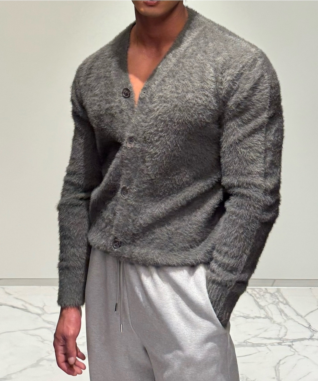 馬海毛安哥拉羊毛V領開襟衫