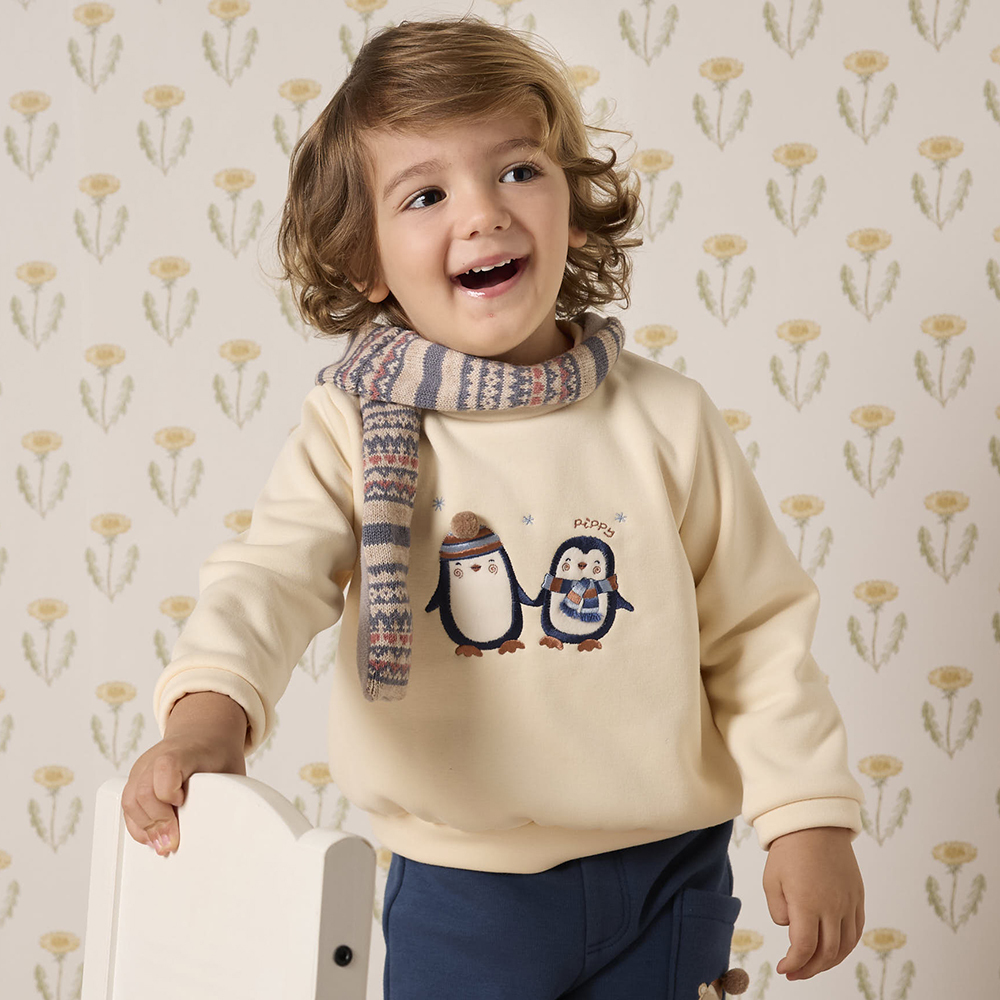PIPPY 可愛小企鵝暖暖圓領長袖上衣 米