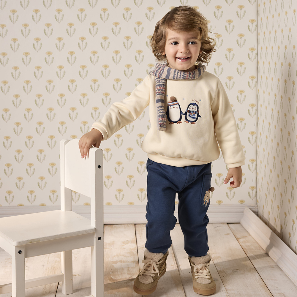 PIPPY 可愛小企鵝暖暖圓領長袖上衣 米