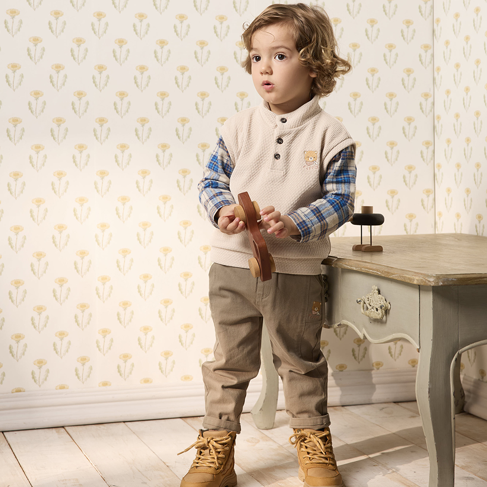 PIPPY 小立領剪接格紋暖暖假兩件長袖上衣 卡其