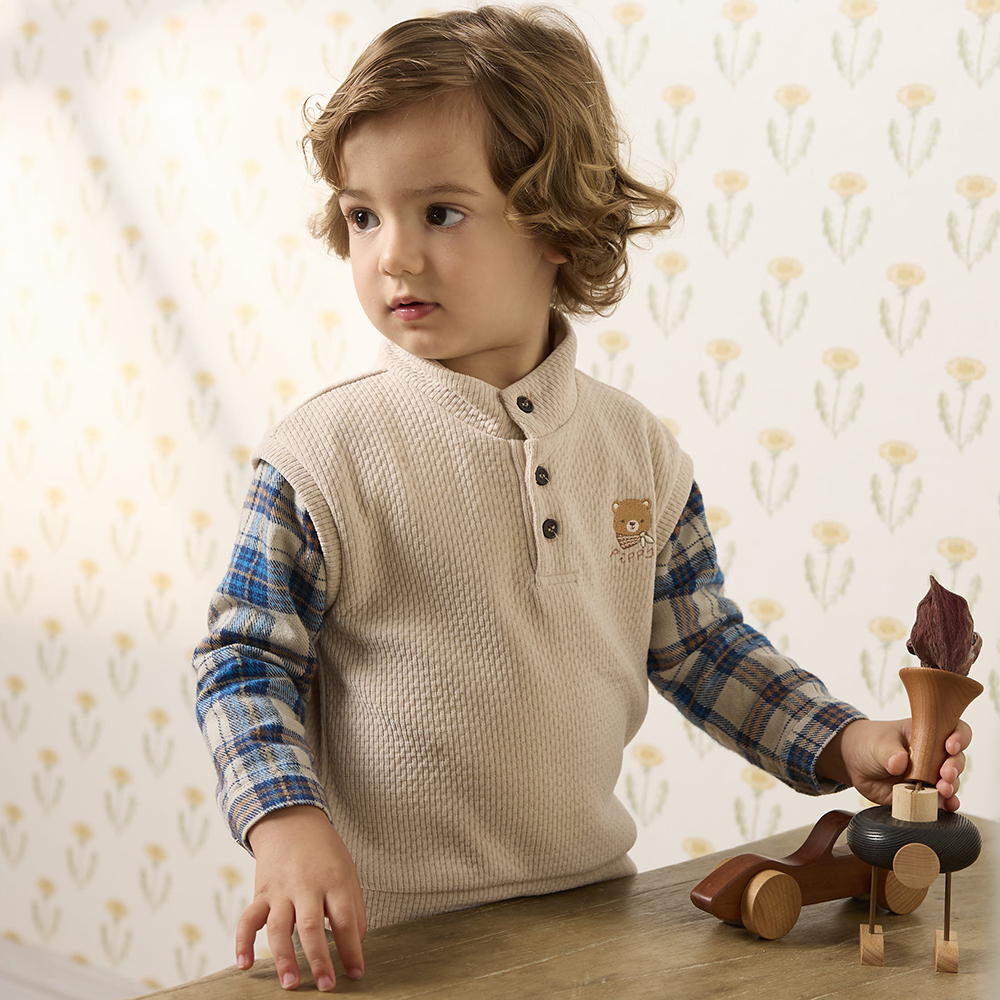 PIPPY 小立領剪接格紋暖暖假兩件長袖上衣 卡其