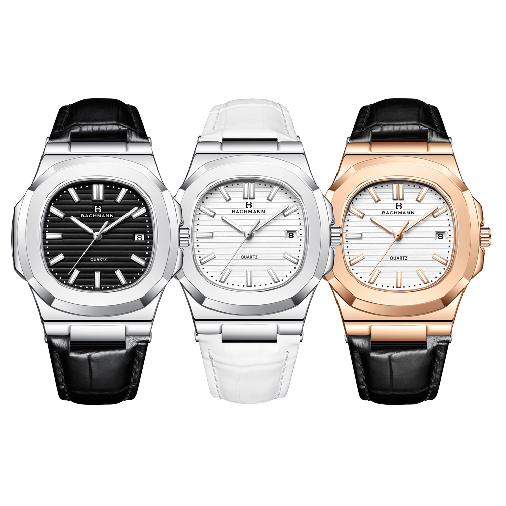 【BACHMANN 貝爾曼】3852 PP款鸚鵡螺系列 浮雕錶盤 夜光指針刻度 帶日期 石英 腕錶