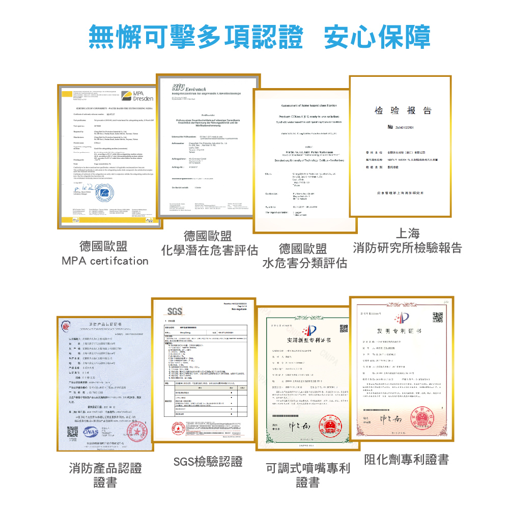 9L背負式滅火器各種專利證書