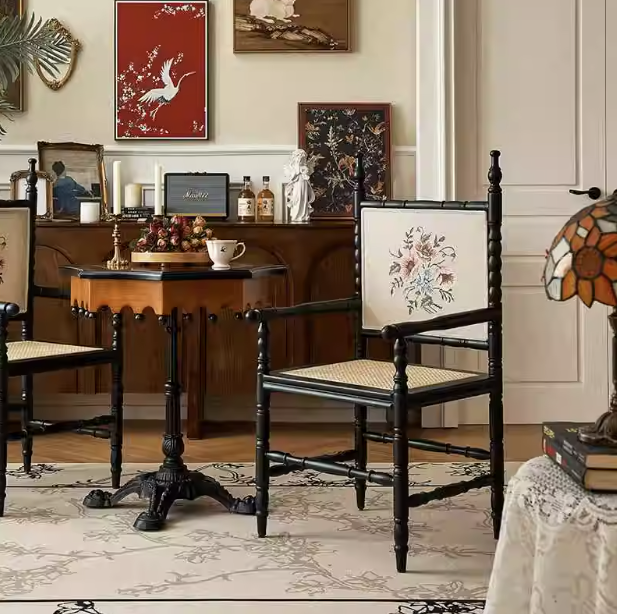 法式復古刺繡藤编餐椅