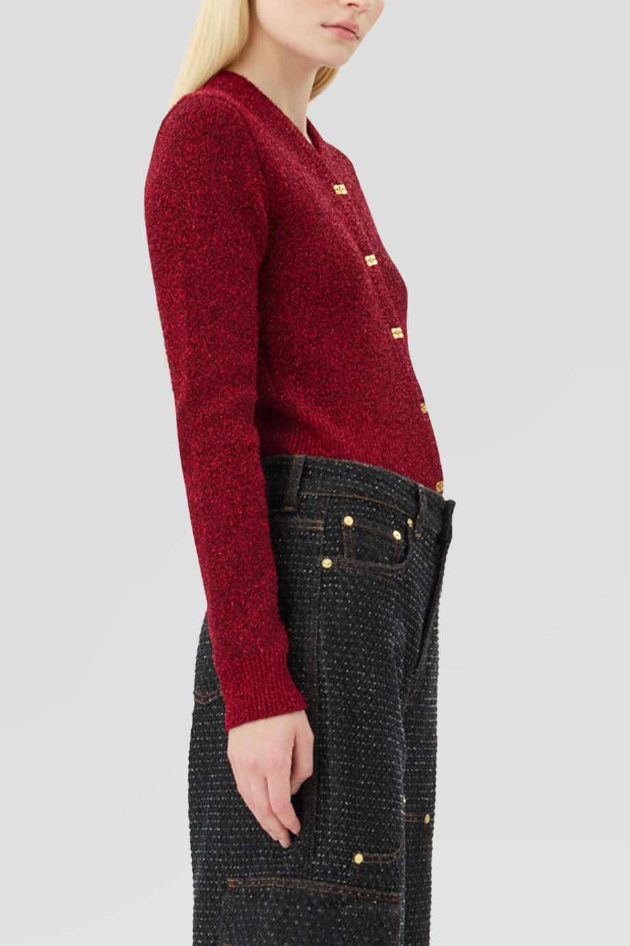 GANNI｜SPARKLE V領閃光金絲針織外套