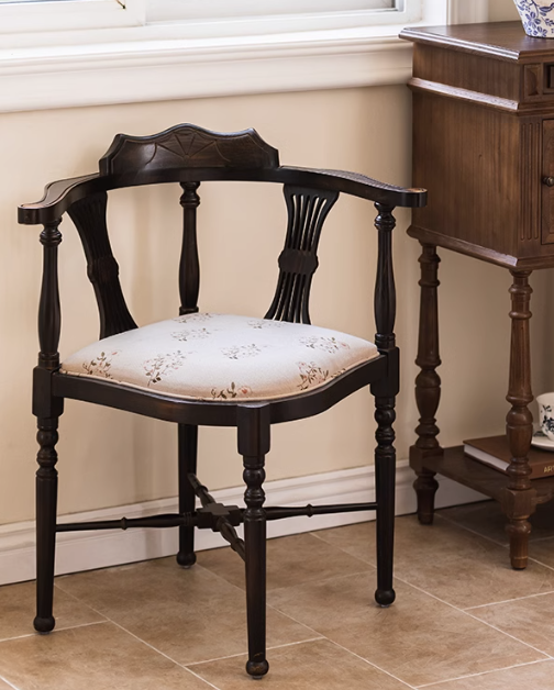 法式實木復古印花扶手三角椅