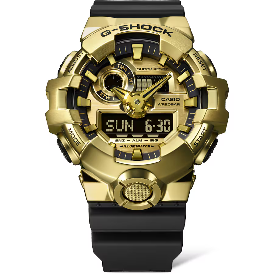 萬年鐘錶 - G-SHOCK   金屬系列 金色錶框防震雙顯電子錶  GM-700G-9A  錶徑 : 53.4 MM