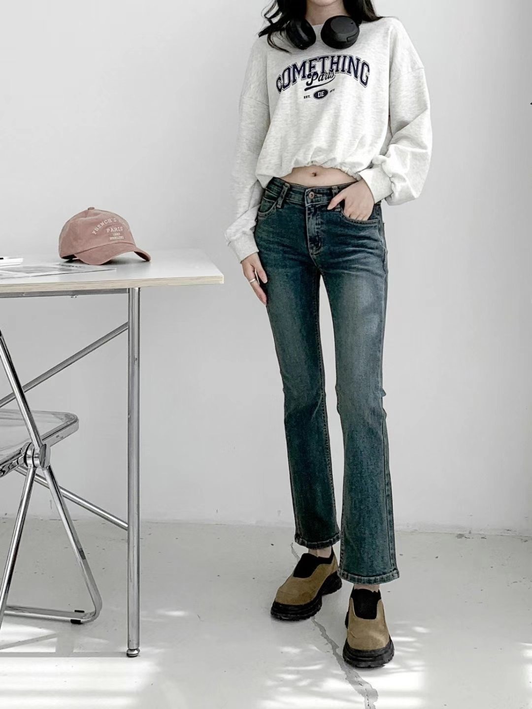 7056牛仔直筒刷色長褲