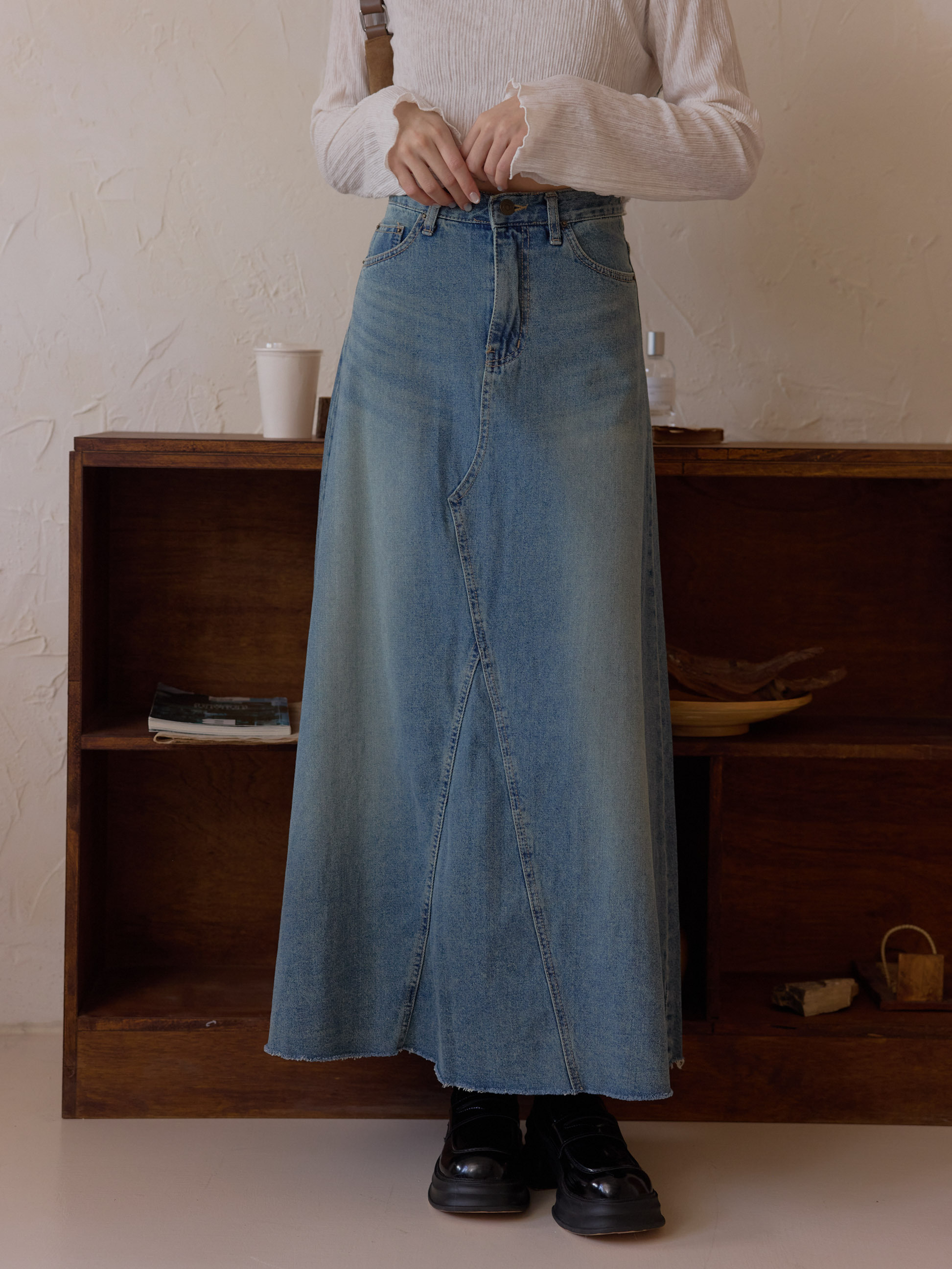 極美刷色高腰牛仔長裙