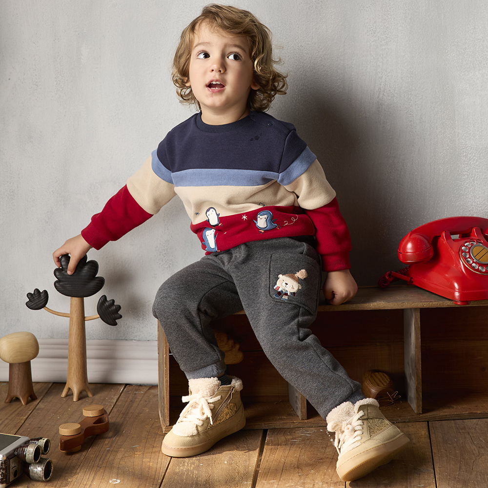 PIPPY 立體毛球可愛小熊刺繡彈力棉長褲 灰