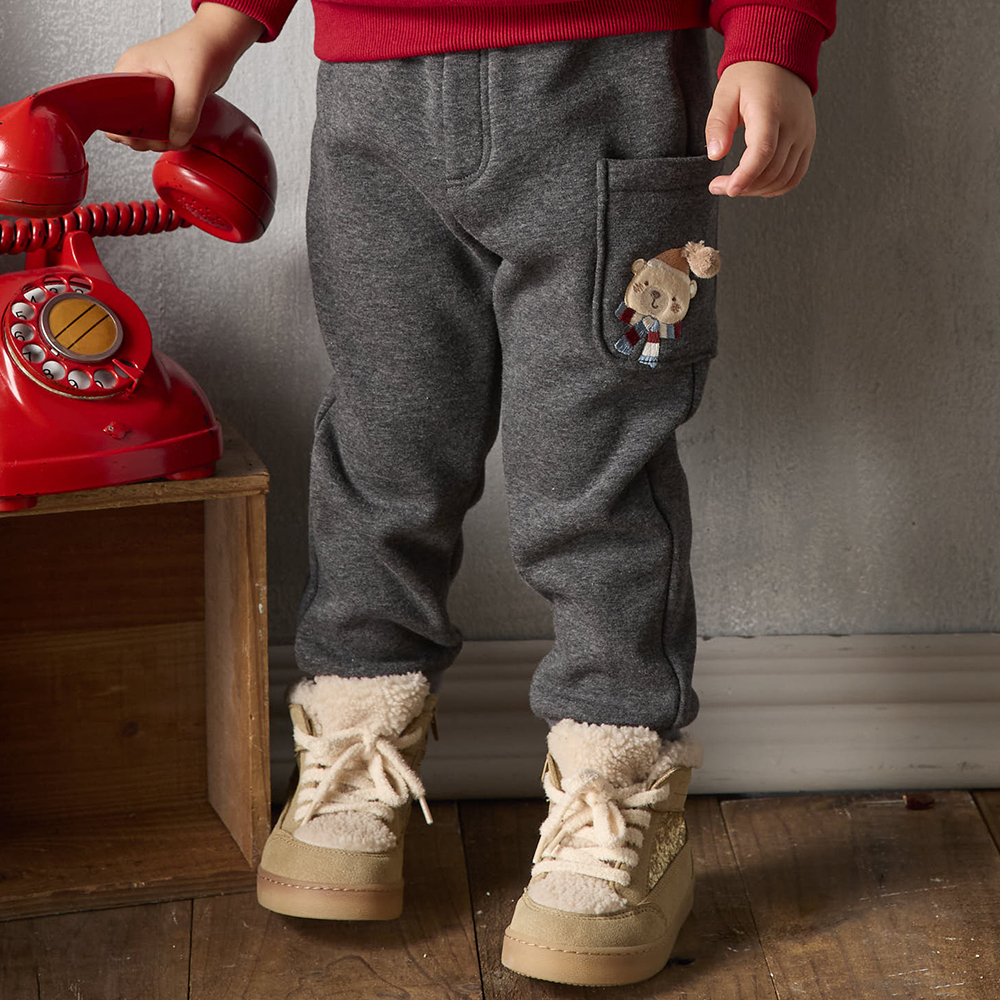 PIPPY 立體毛球可愛小熊刺繡彈力棉長褲 灰