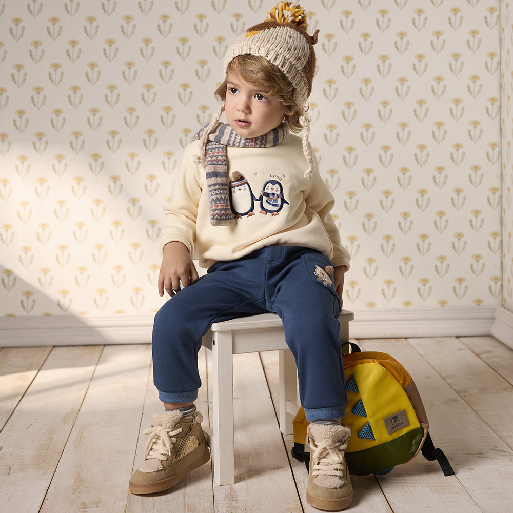 PIPPY立體毛球QQ小熊刺繡彈力棉長褲 藍