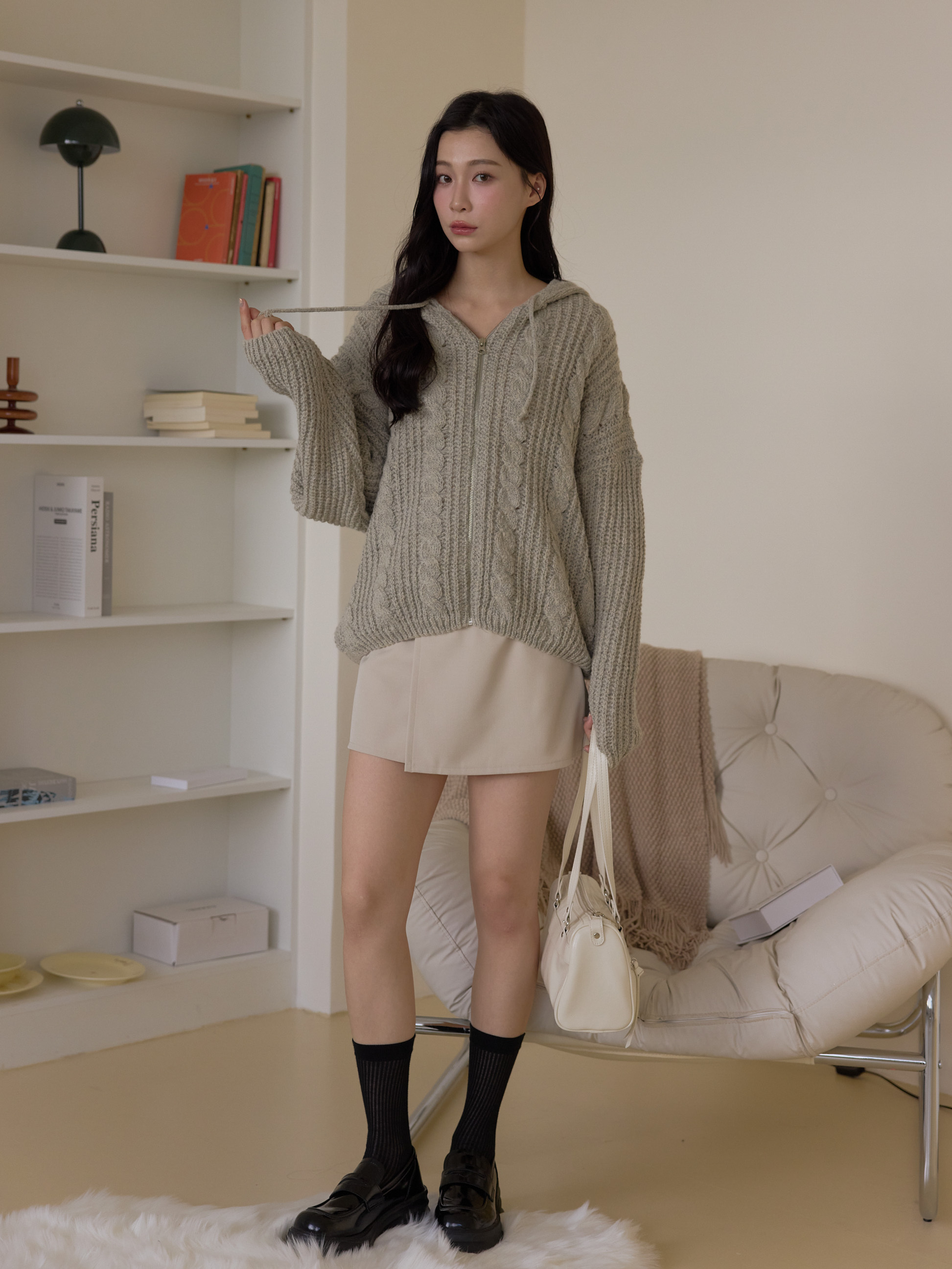 麻花鉤織連帽拉鏈外套