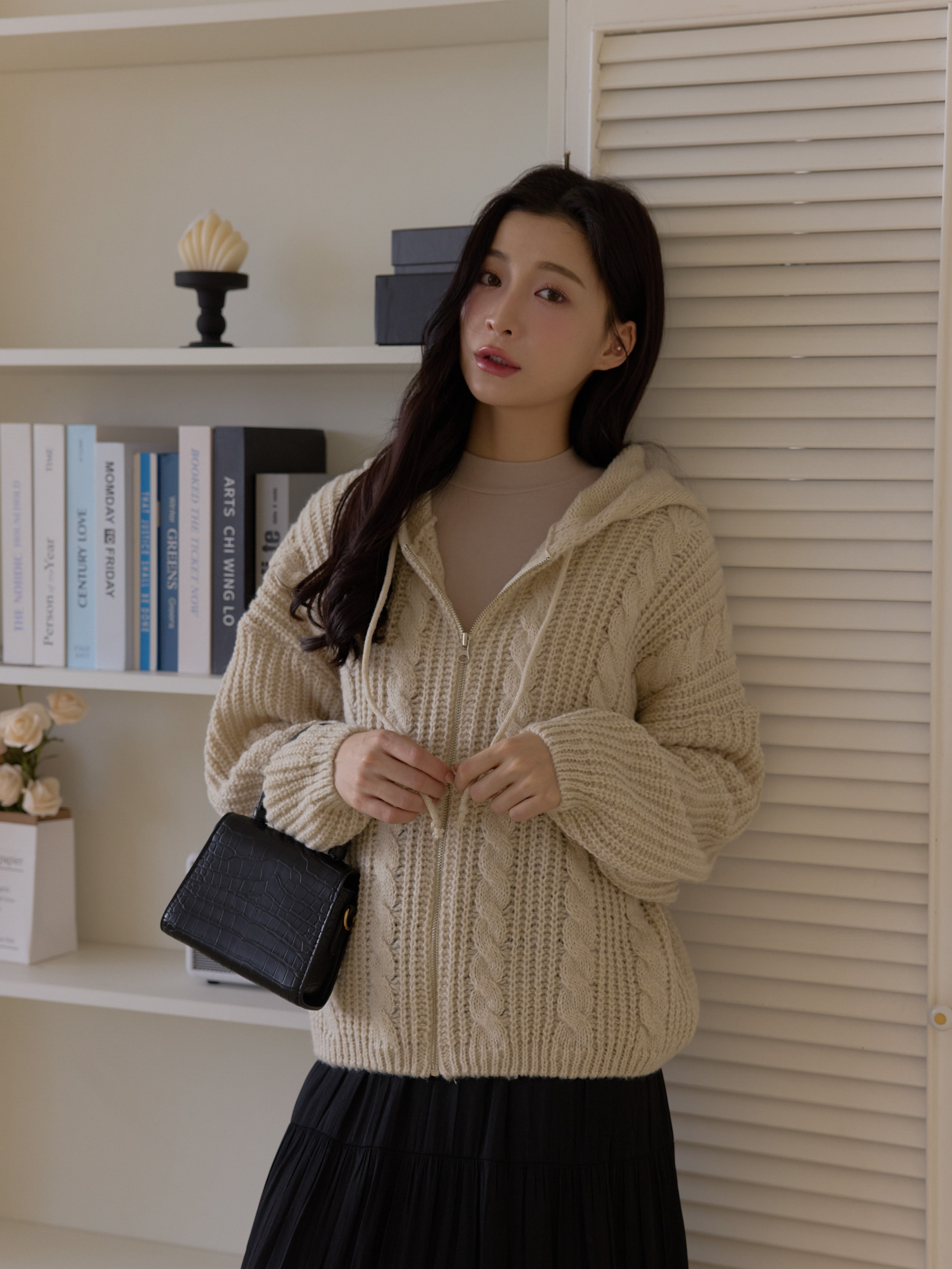 麻花鉤織連帽拉鏈外套