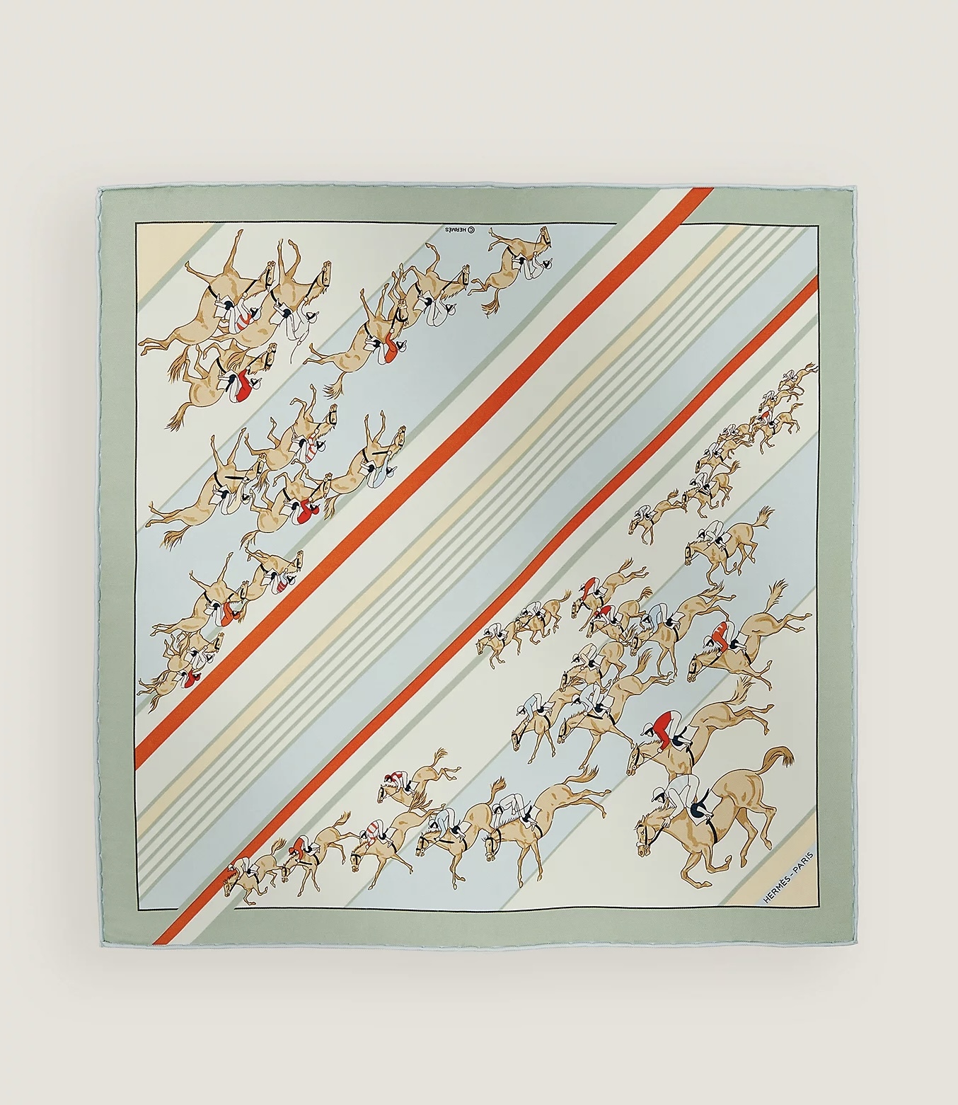 Les Courses scarf 45x45cm 100%soie Vert Amande / Bleu Ciel / Orange