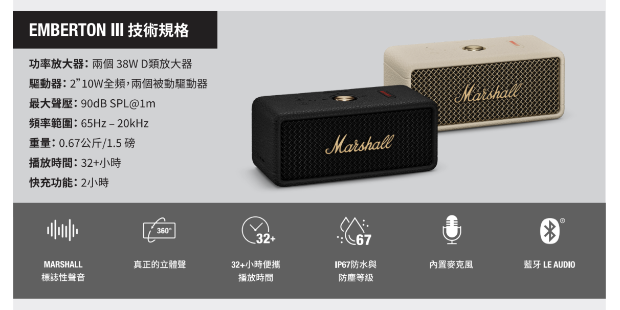 現貨｜原裝行貨一年保養｜MARSHALL Emberton III 第三代 可攜式！防水！真無線！藍牙喇叭