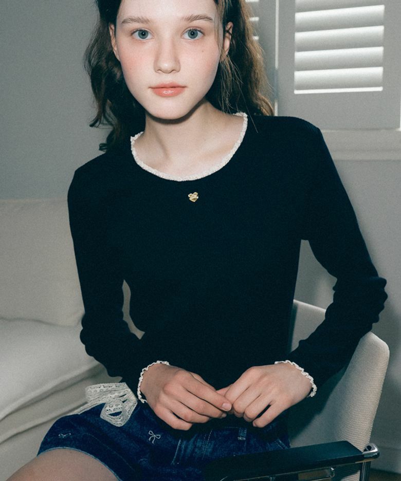RONRON LACE ROUND HEART NECK LONG SLEEVE