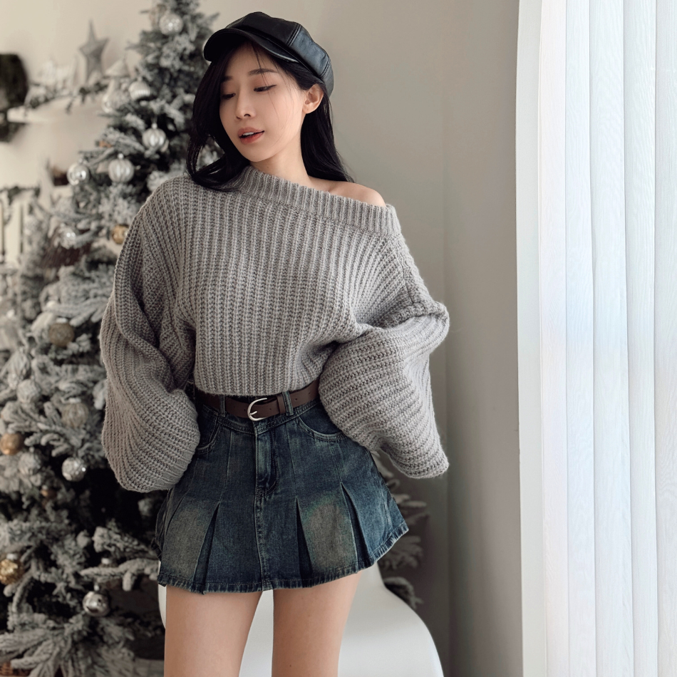 【鬆弛感來襲】DOMISS推薦! 粗針織露肩毛衣-3色 保暖毛衣(現貨)