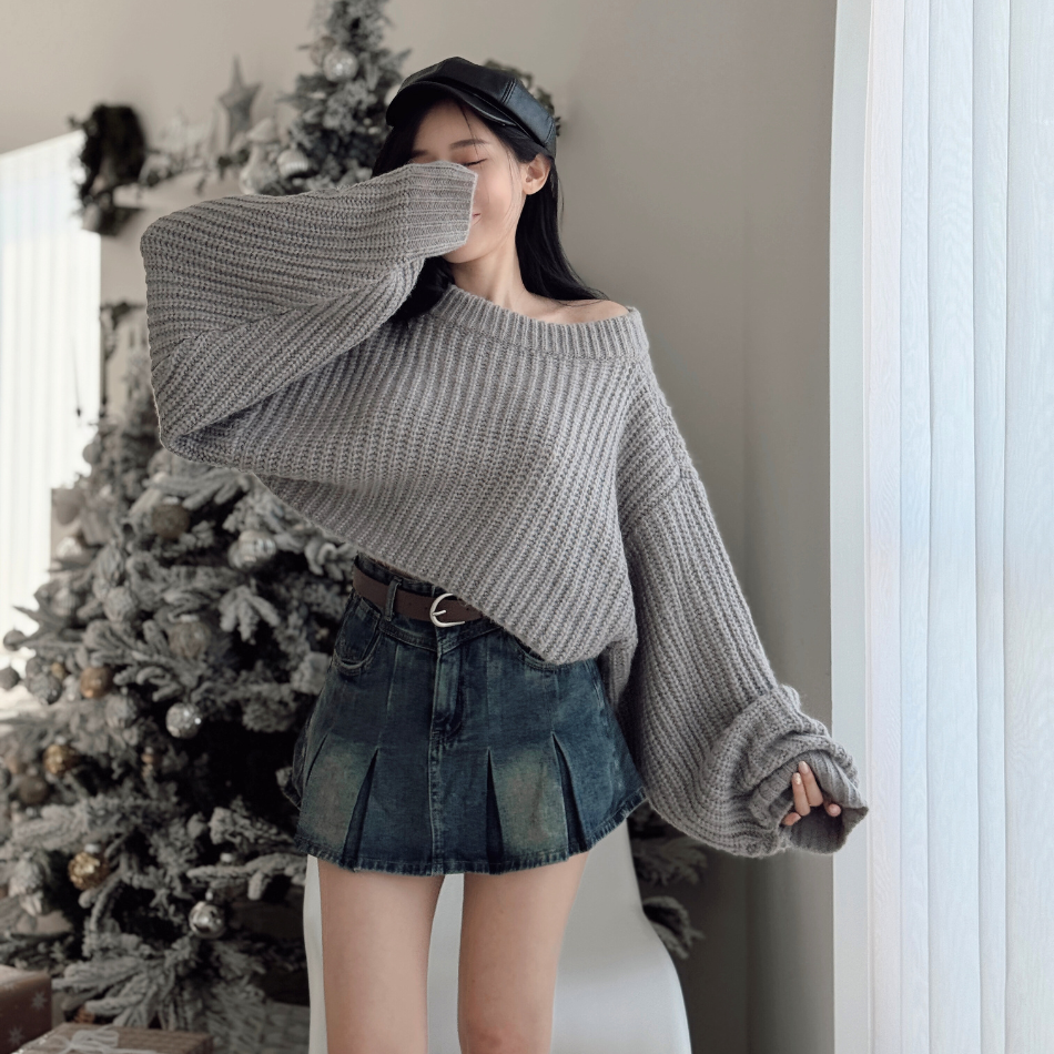 【鬆弛感來襲】DOMISS推薦! 粗針織露肩毛衣-3色 保暖毛衣(現貨)