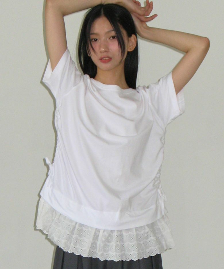 RONRON TORCHON LACE SHIRRING LAYERED LONG T SHIRT