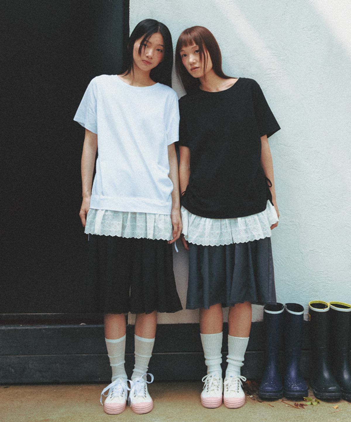 RONRON TORCHON LACE SHIRRING LAYERED LONG T SHIRT