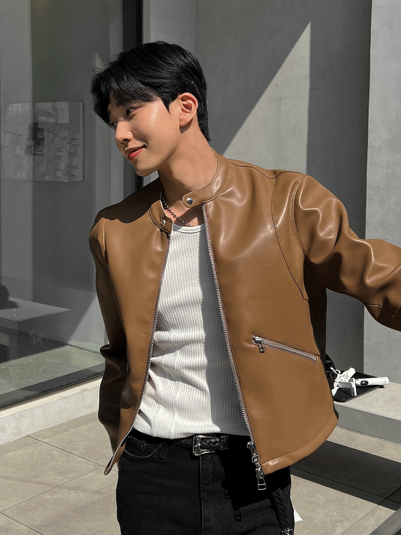 圓領皮革夾克