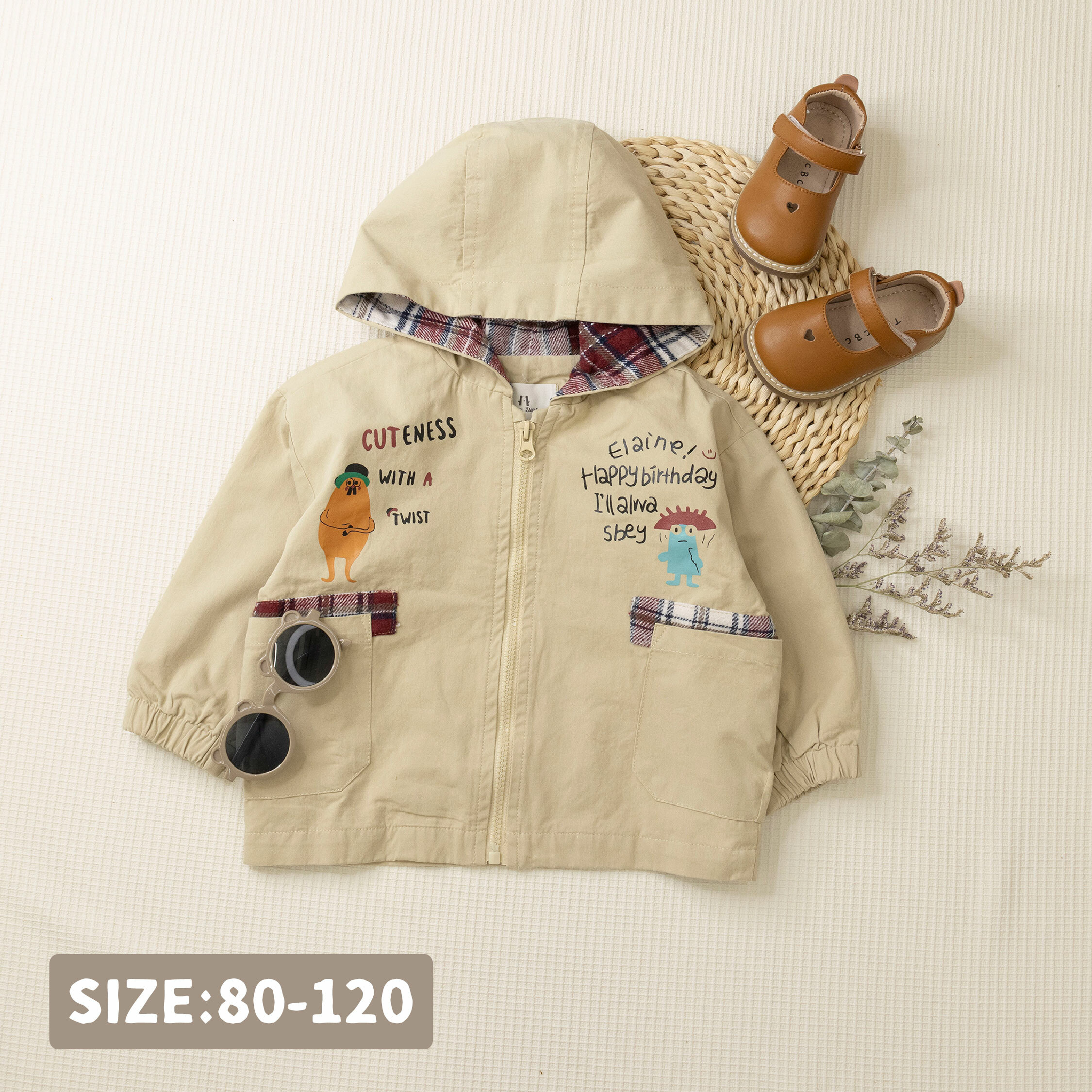 【H45174】手繪童趣小怪獸縮口連帽外套