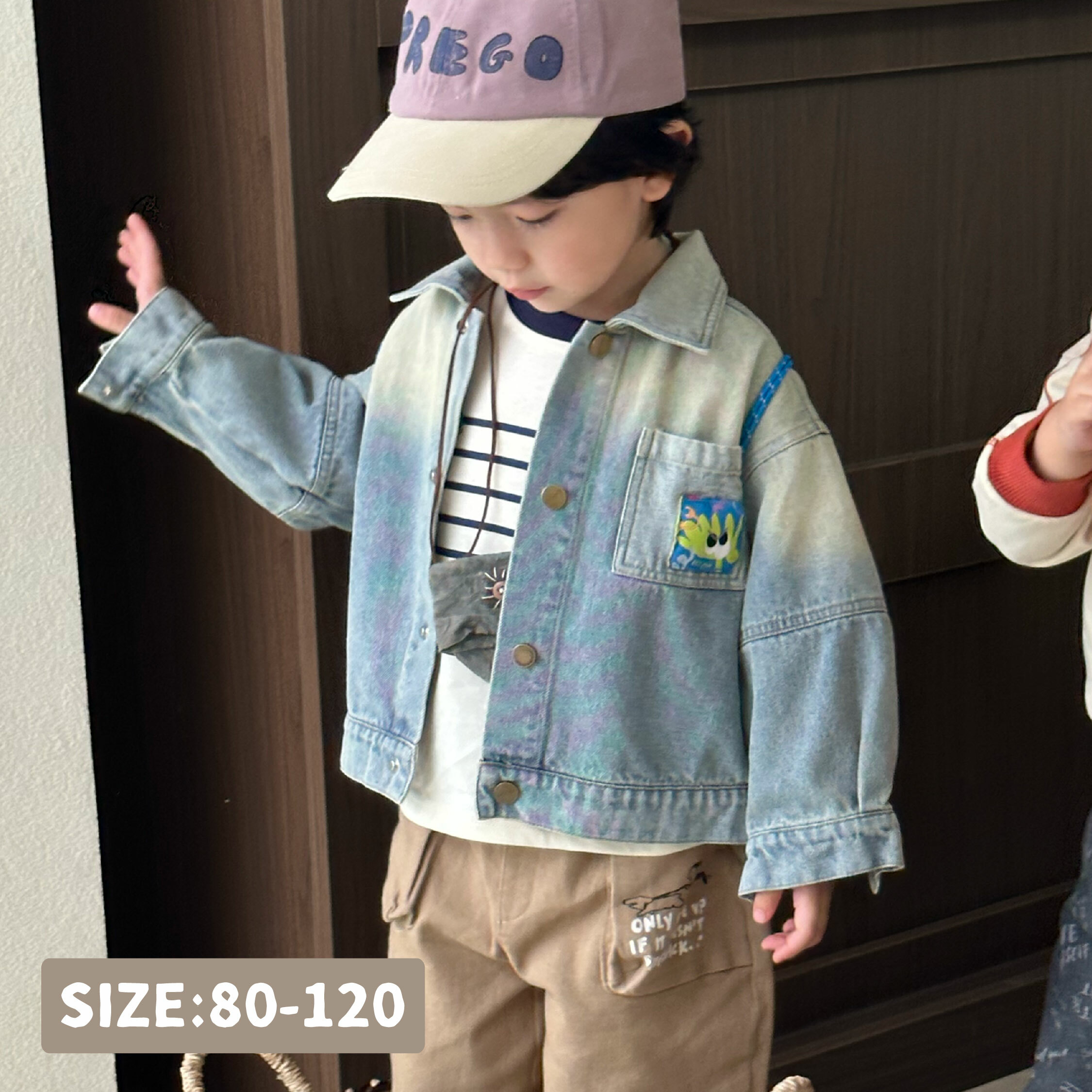 【H45170】逗趣表情積木刷白設計牛仔外套